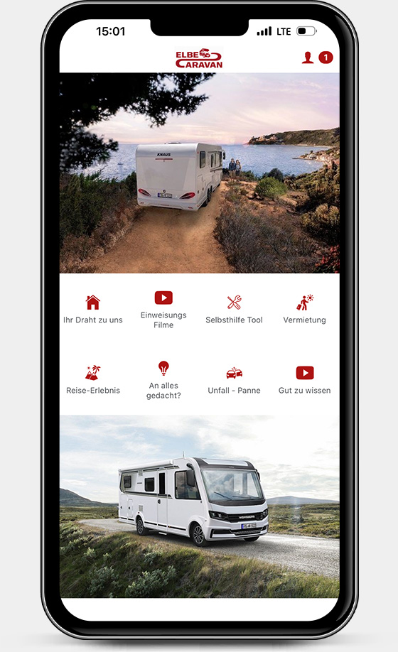Ein Screenshot der App von Elbe Caravan.